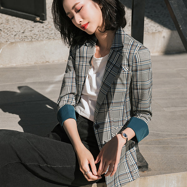 Mode femme droite longue Plaid Blazer automne