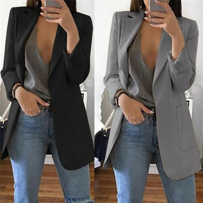 1pc automne femmes décontracté à manches longues manteau costume mince Cardigan hauts Blazer veste Outwear formel femmes col en V blazer grande poche