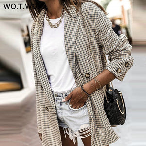 WOTWOY Double boutonnage Plaid Blazer