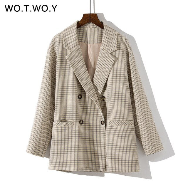 WOTWOY Double boutonnage Plaid Blazer